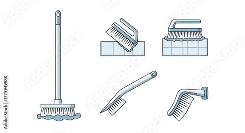 Vector illustration set of household cleaning tools including various brushes and a mop, perfect for domestic chore-related designs and home maintenance projects on a clean white background