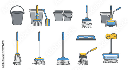Vector icon set of various cleaning tools, including mops, buckets, and brushes, for household chores, sanitation, and professional janitorial uses