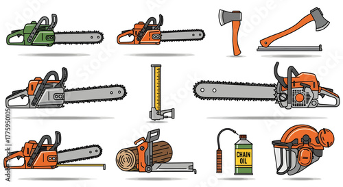 Comprehensive Vector Icon Set of Professional Chainsaws, Axes, and Logging Tools for Woodcutting and Forestry Projects, Isolated on a Clean White Background