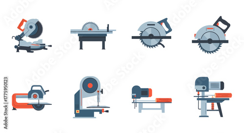 Vector icon set featuring various power saws and woodworking machinery. Essential flat design tools for construction, carpentry, and workshop projects, ideal for industrial applications