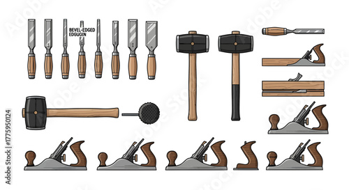 Detailed vector illustration set of traditional woodworking hand tools, featuring chisels, mallets, and various hand planes, presented in a clean flat design ideal for carpentry projects