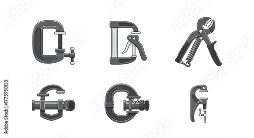 Vector icon set of various clamps and gripping tools, a flat design collection depicting essential fastening devices for woodworking, construction, and industrial applications on a white background