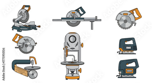 Vector illustration set of essential electric power tools. Features diverse saws, routers, and sanders, perfect for woodworking, carpentry, construction, and DIY projects