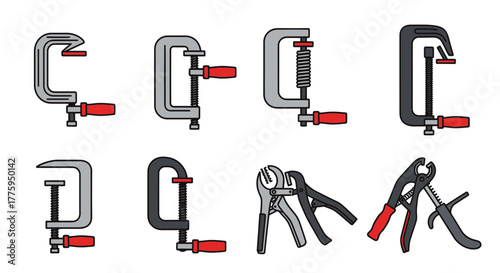 A comprehensive vector icon set featuring various types of clamps and vices, essential manual hand tools perfect for workshop use, DIY projects, and securing materials with precision