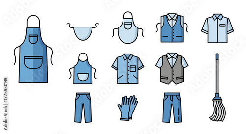 Minimalist vector icon set showcasing professional cleaning and hospitality uniforms, work aprons, various attire, gloves, and a mop, rendered in a modern line art style