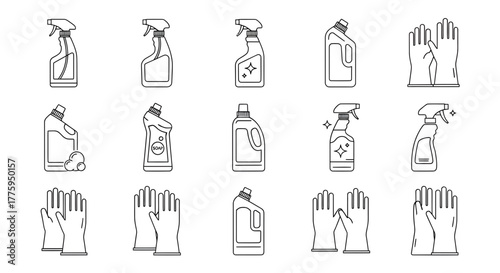 Vector line art icons of cleaning supplies and protective gloves for household hygiene. Includes spray bottles, detergent containers, and rubber gloves on a white background