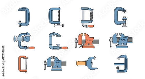 Vector icon set of industrial and workshop tools, featuring various clamps and vices in a modern minimal line art design on a clean white background