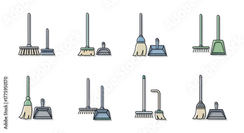 Detailed vector icon set illustrating various cleaning tools, specifically featuring brooms and dustpans. Ideal for janitorial services, home cleaning, and general sanitation concepts