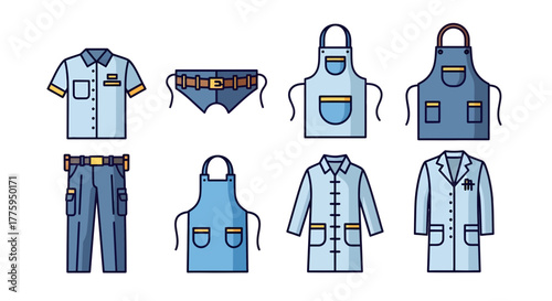 Vector Icon Set of Diverse Professional Work Uniforms and Protective Aprons, Featuring Flat Minimal Designs on a Clean White Background