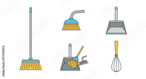 Colorful vector illustration set featuring essential cleaning tools like brooms, dustpans, and hand brushes for various household chores