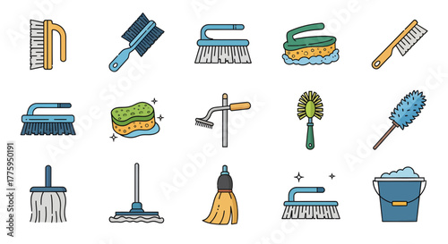 Flat design vector icon set of diverse cleaning tools and janitorial equipment for home and professional sanitation, isolated on a clean white background