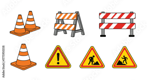 Vector icon set of road construction and safety elements, featuring traffic cones, striped barriers, and various warning signs in a modern flat design style