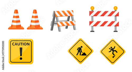 Vector icon set of road safety and construction site caution signs, including traffic cones, barriers, and various warning symbols, isolated on a clean white background
