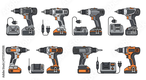 Vector icon collection of modern electric drills, featuring diverse cordless and corded power tools with batteries and chargers, ideal for construction, DIY, and workshop projects
