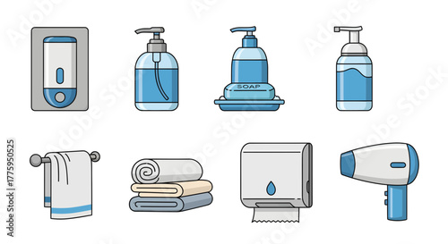 Vector icon set of bathroom amenities and hygiene products, including various soap dispensers, folded and hanging towels, and a modern hair dryer, isolated on a clean white background
