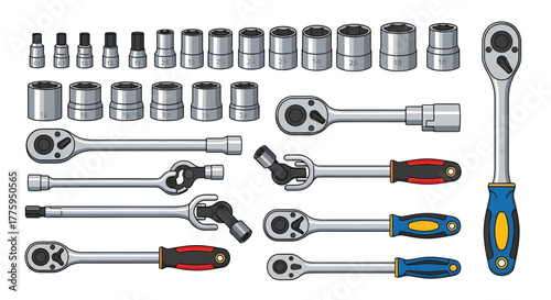 Vector illustration set of socket wrenches, ratchets, extensions, and hex sockets. Essential automotive tools for mechanical repair and workshop tasks