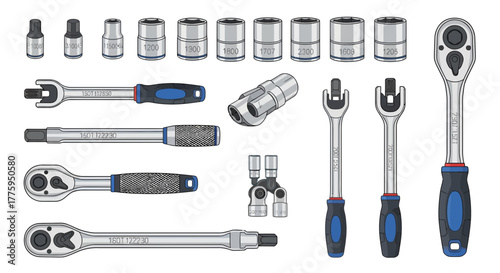 Vector illustration of a comprehensive socket wrench and ratchet tool set, ideal for mechanical repair, automotive maintenance, and various industrial applications