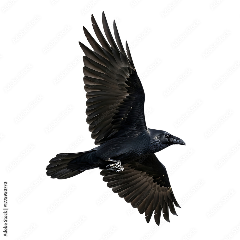 Fototapeta premium Raven, Black in Mid-Flight with Wings Spread Wide, cutout, PNG isolated on white or transparent background