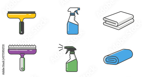 Comprehensive vector illustration set featuring essential cleaning tools like professional squeegees, versatile spray bottles, and absorbent towels, perfect for home maintenance and sparkling results