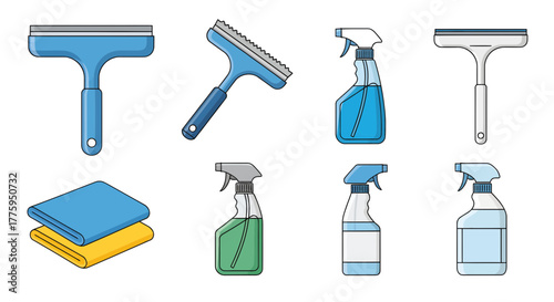 Vector icon set of essential cleaning tools and supplies for household and professional use, featuring window squeegees, spray bottles, and cleaning cloths