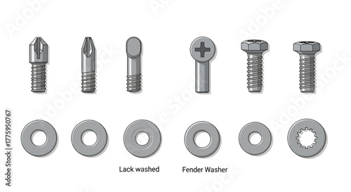 Vector illustration set featuring various metal screws, bolts, and washers, perfect for construction, engineering, and industrial design projects