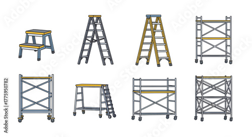 Vector icon set displaying different ladders and mobile scaffolding for elevated tasks, home improvement, and industrial construction access