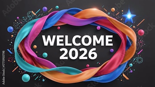 Colorful Ribbon Graphic with Welcome 2026 Text on Dark Background and Artistic Elements