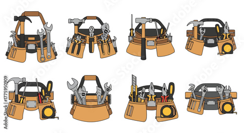 Vector icon set of tool belts and toolboxes, packed with essential hand tools for construction, repair, and DIY. Isolated collection on white background
