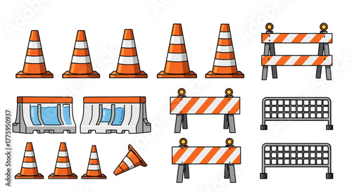 Vector icon set of essential road safety equipment and construction barriers, including traffic cones, temporary fences, and plastic blockades in a clean, minimal style