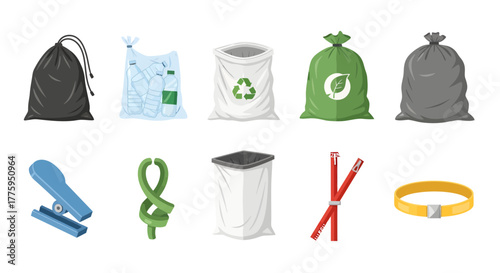 Vector icon set of garbage bags, trash cans, and waste management accessories, including recycling bags, for efficient refuse collection and disposal solutions