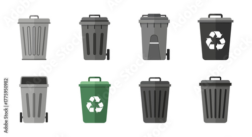 Diverse vector icon set showcasing various types of trash bins and recycling containers, essential for effective waste management and environmental sustainability concepts