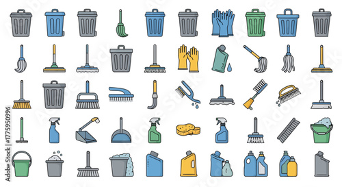 Extensive vector icon set of cleaning tools, household supplies, and sanitation equipment. Modern flat line design with vibrant color fills, suitable for hygiene and maintenance graphic projects