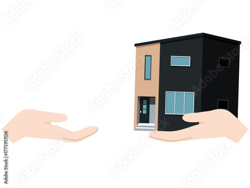 Vector illustration of front view of handing over a detached house. Simple flat design, 戸建て住宅の引き渡しの様子を正面から見たベクターイラスト。シンプルなフラットデザイン。