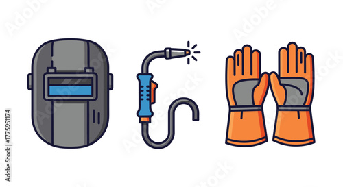 Vector icon set of essential welding safety tools helmet, torch, and gloves. Ideal for industrial and construction safety designs, isolated on white