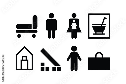 Assortment of Black Icons and Symbols on White Background pictogram collection