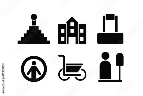 Accessibility and Building Icons Set with Stairs and Wheelchair escalator