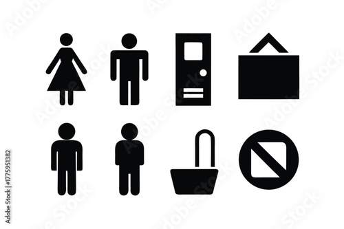 Black and white icons for public restrooms and prohibition signs Keywords: icons, set, collection, public, restrooms, prohibition, signs, female