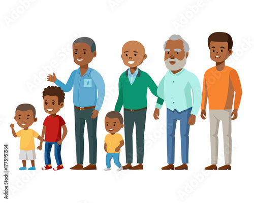 African man of different life stages cartoon characters. Baby, child, teenager, adult, mature and old persons vector illustration isolated