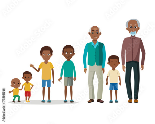 African man of different life stages cartoon characters. Baby, child, teenager, adult, mature and old persons vector illustration isolated