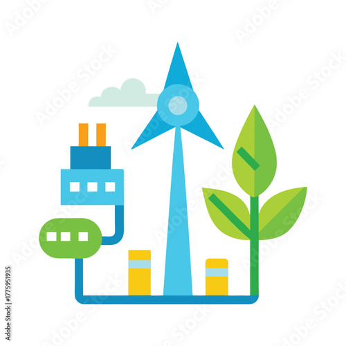 Flat design illustration of renewable energy sources and green technology Keywords: renewable, energy, green, technology, wind, turbine, power