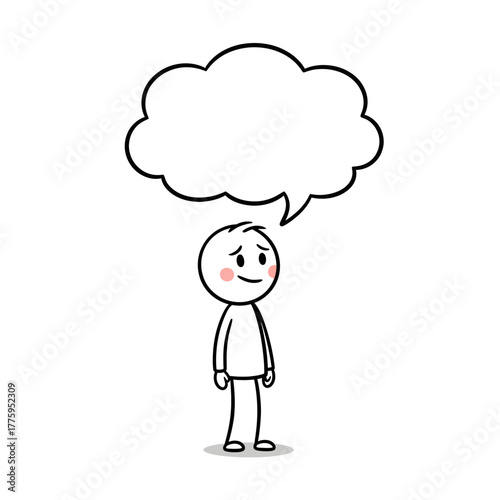 Embarrassed character touching face and speech bubble for shy expression, communication or emotional conversation themes.