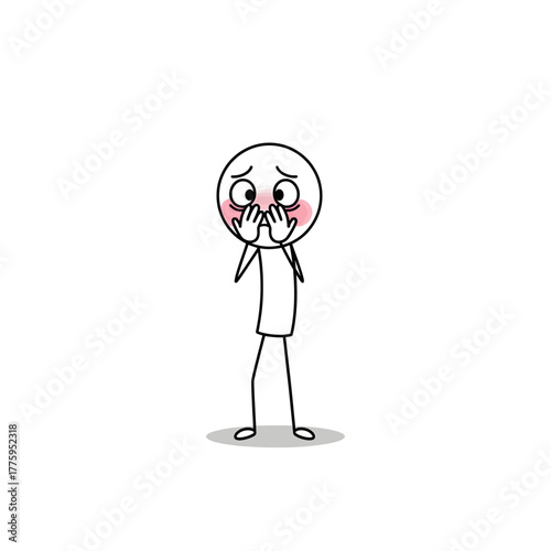 Minimal line art character hiding face with hands, showing intense shy and embarrassed feelings.