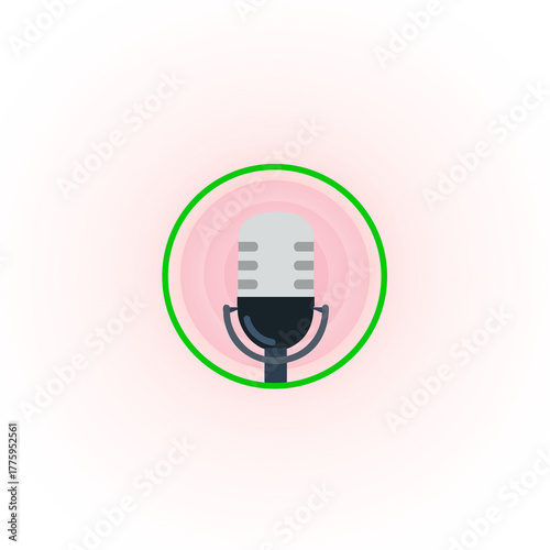 Flat microphone icon illustration on pink backgroundA modern flat design illustration of a vintage-style microphone on a bright pink background. Perfect for podcast logos, audio recording apps.