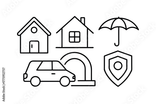 Set of Insurance and Security Icons Including House Car Umbrella Shield home building