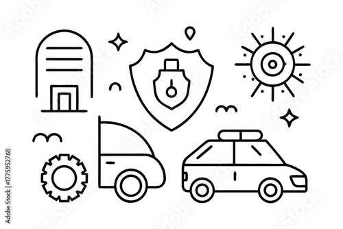 Security and Protection Icons Including Police Car Shield and Building vehicle siren