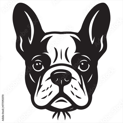 Bold black and white stylized portrait of a french bulldog s face