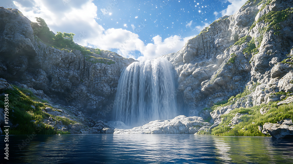 Fototapeta premium Breathtaking waterfall cascading into serene lake surrounded by rugged cliffs and lush greenery