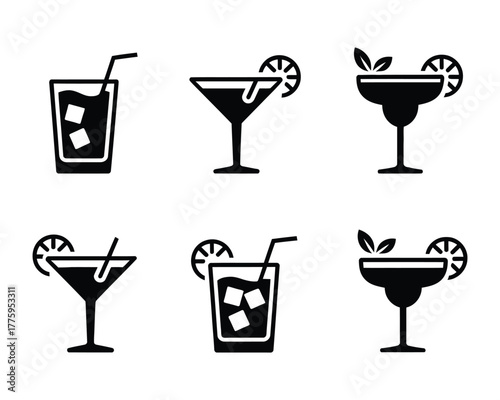 Black Glyph Cocktail Icons Collection for Bar Menus, Restaurant Branding, Mobile Apps, Websites, Social Media Posts, and Print Designs