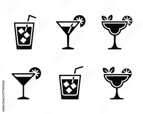Black Glyph Cocktail Icons Collection for Bar Menus, Restaurant Branding, Mobile Apps, Websites, Social Media Posts, and Print Designs
