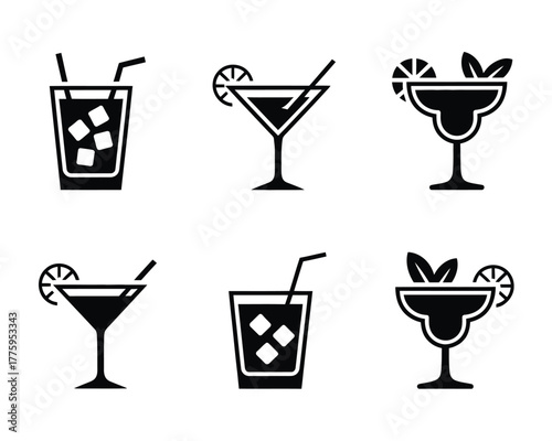 Black Glyph Cocktail Icons Collection for Bar Menus, Restaurant Branding, Mobile Apps, Websites, Social Media Posts, and Print Designs